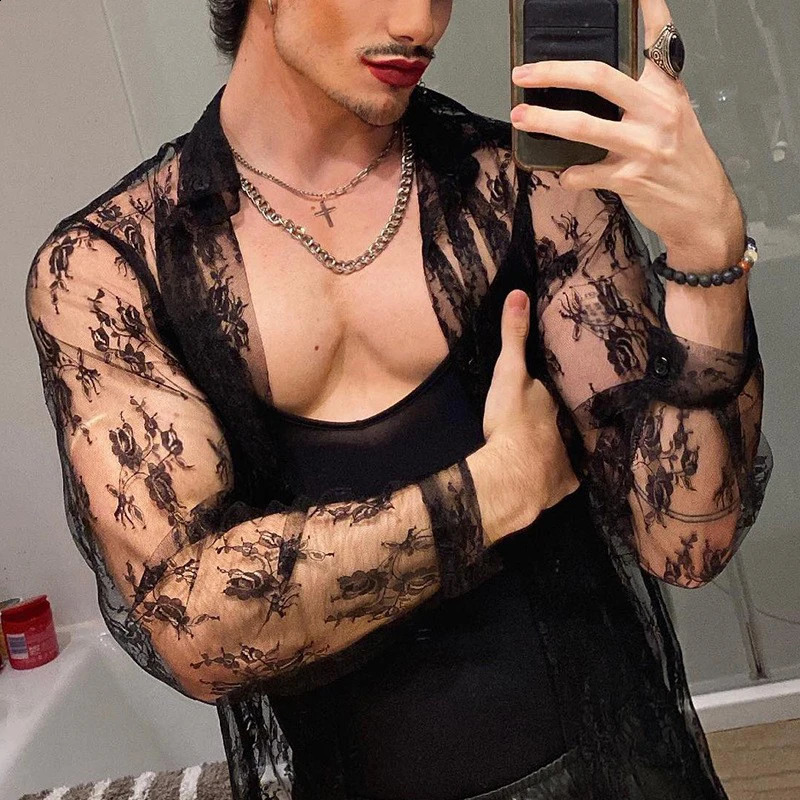 Mens mesh see through mesh sexy lace shirt long sleeved fish net hollow retro street clothing ultra-thin fashion party clothing S-XL 250224