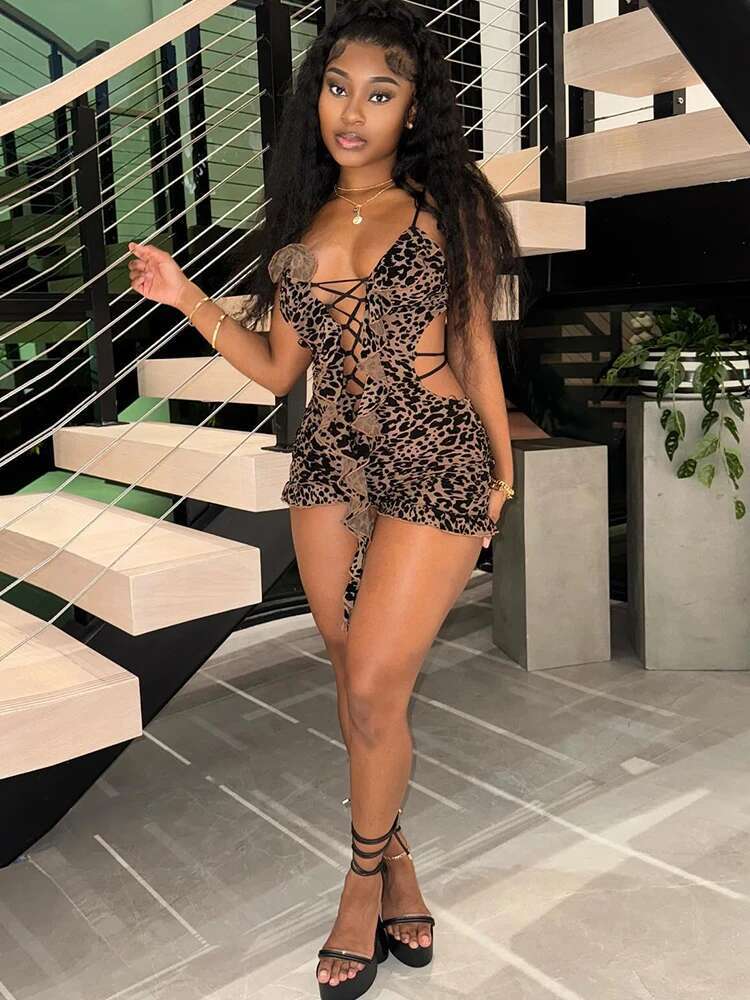 Weird Puss Sexy Summer Romper Women Cking Leopard Print Backless V-Neck Tassel Coquette Thin Midnight Party Workout Playsuits