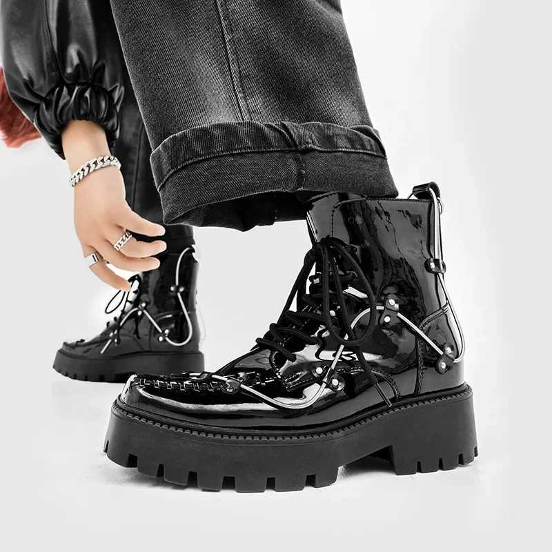 CLAIAMI Luxury Design Ankle Boots for Men Street Style British Handsome Square Head Men Boots Patent Leather Men Shoes Z250303