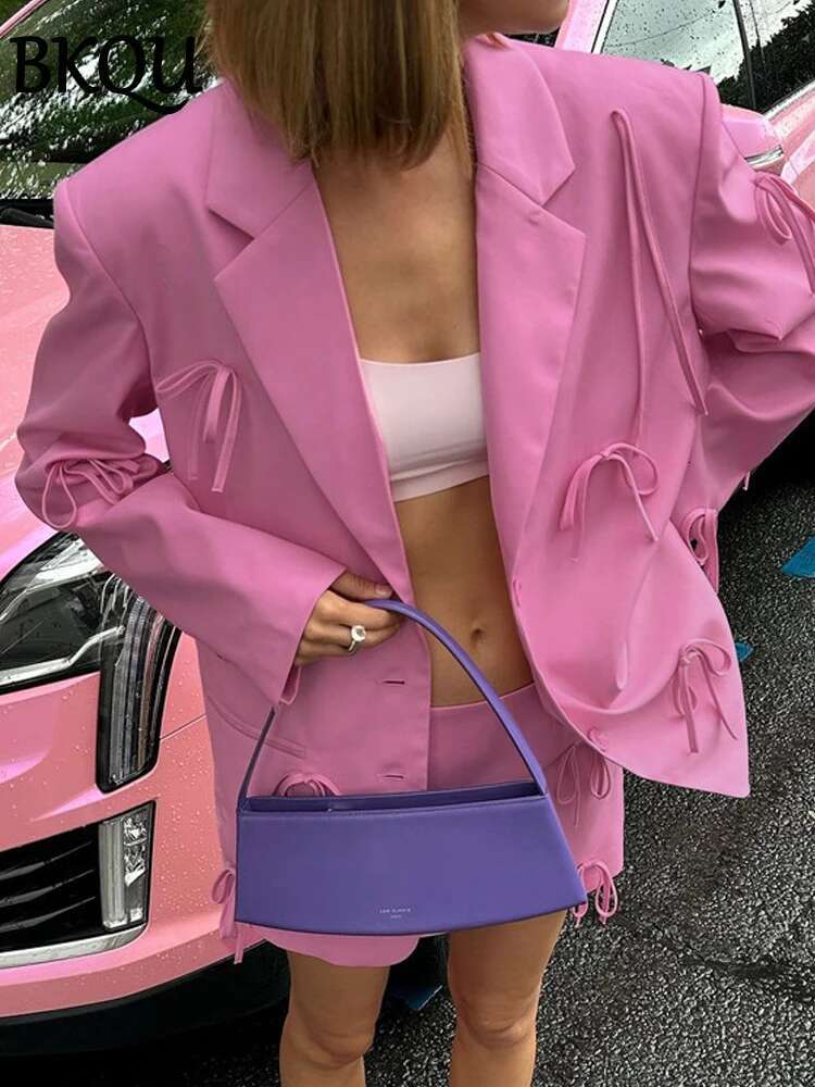 Patchwork Bow Women Elegant Notched Collar Pink Long Sleeve Blazer Autumn Chic Loose Single Breaste Office Coat