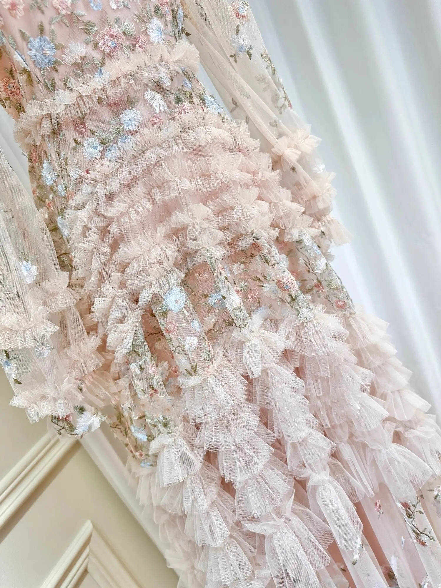 Summer Autumn Fashion Flower Embroidery Lace Prom Evening Dres Long Sleeve Layers Wooden Ear Edge Midi Cake Dresses Party 250303 - view 4