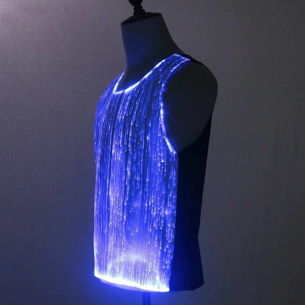 Summer Men Colorful LED Luminous Night Club T Shirts Y2K High Street Sleeveless Vest Optical Fiber Fabric Patchwork Tops 250226
