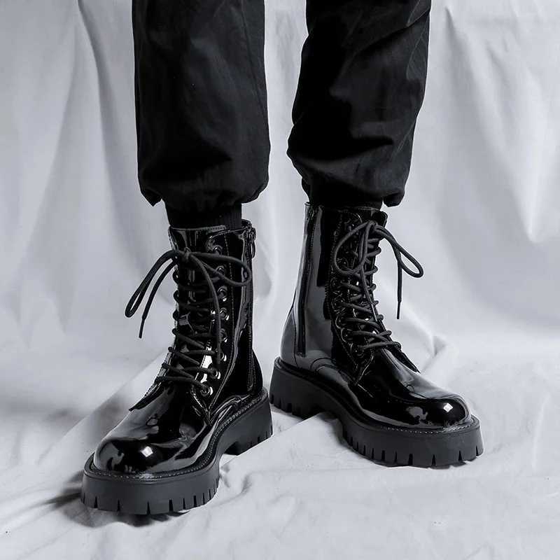 men luxury fashion patent leather boots black tide platform shoes party nightclub high top motorcycle boot cool knight mens boots Z250303