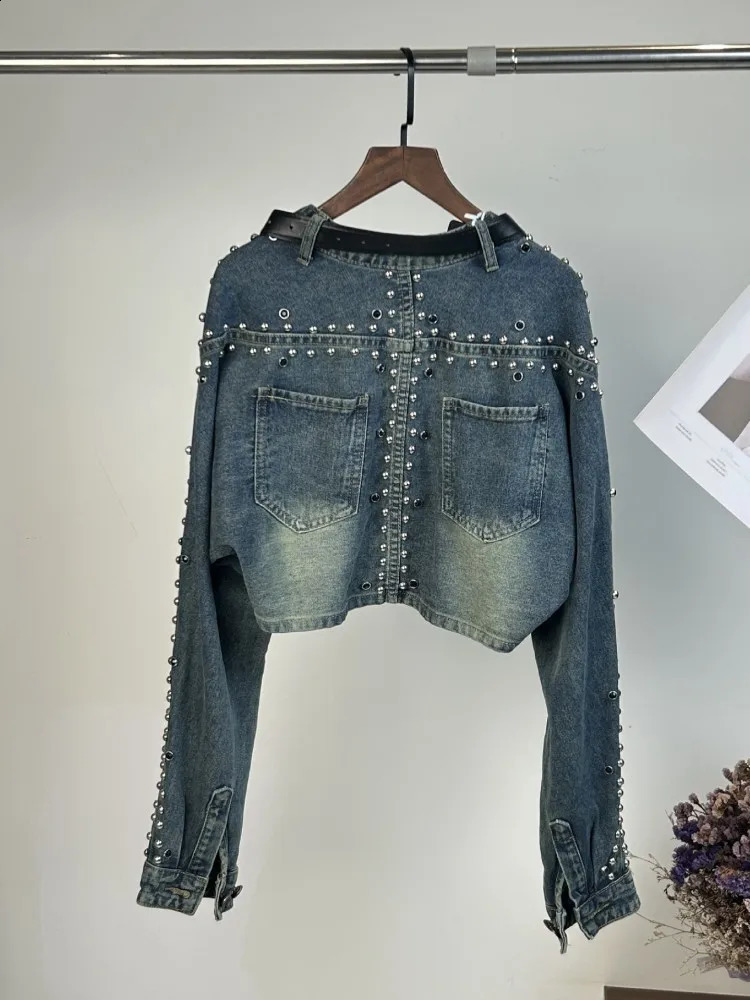 Rivet n womens denim jacket long sleeved single button Vneck high waisted short personalized street wear clothing 250228