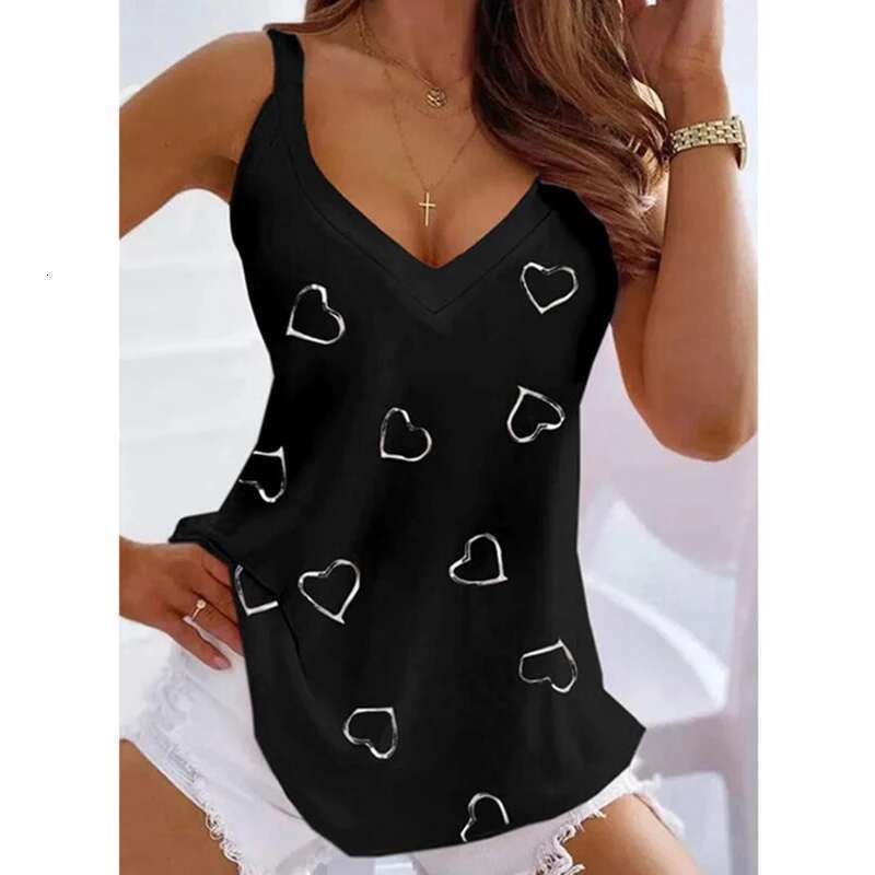 Sexy Camisole Women's Simple Summer Fashion Love Heart Printed Tank TopLoose Fit Sleeveless V-neck Bottoming Shirt