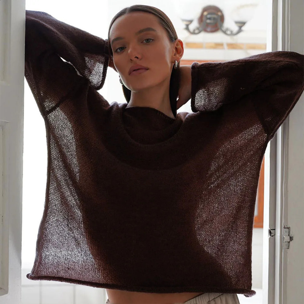 Talenza Hollow Knitted Sweater Pullover Womens Solid Seethrough ONeck Long Sleeve TShirt Loose Casual 2024 250225