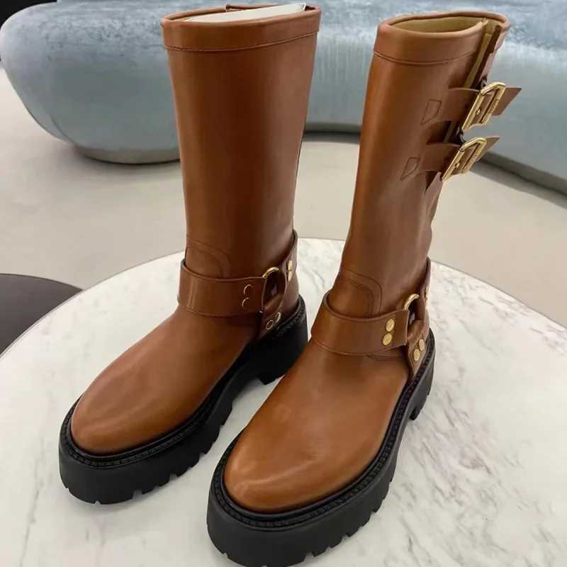 Luxury Brand Designer Belt Buckle Boots Women 2024 New British Style Thick Heel Ankle Boots Winter Fur Warm Chunky Boots Female Z250303