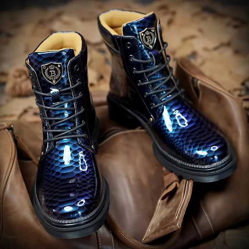HKDQ Luxury Snake Designer Ankle Boots Men Fashion Blue Patent Leather High Top Boots Men Quality Glitter Mens Platform Boots Z250303