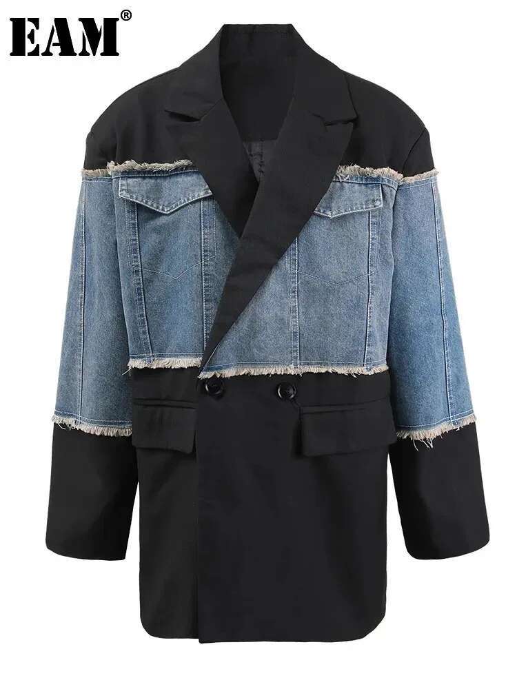 EAM Black Spliced Denim Tassel Big Size Blazer Women New Lapel Long Sleeve Loose Fit Jacket Fashion Spring Autumn 2025 30A1487