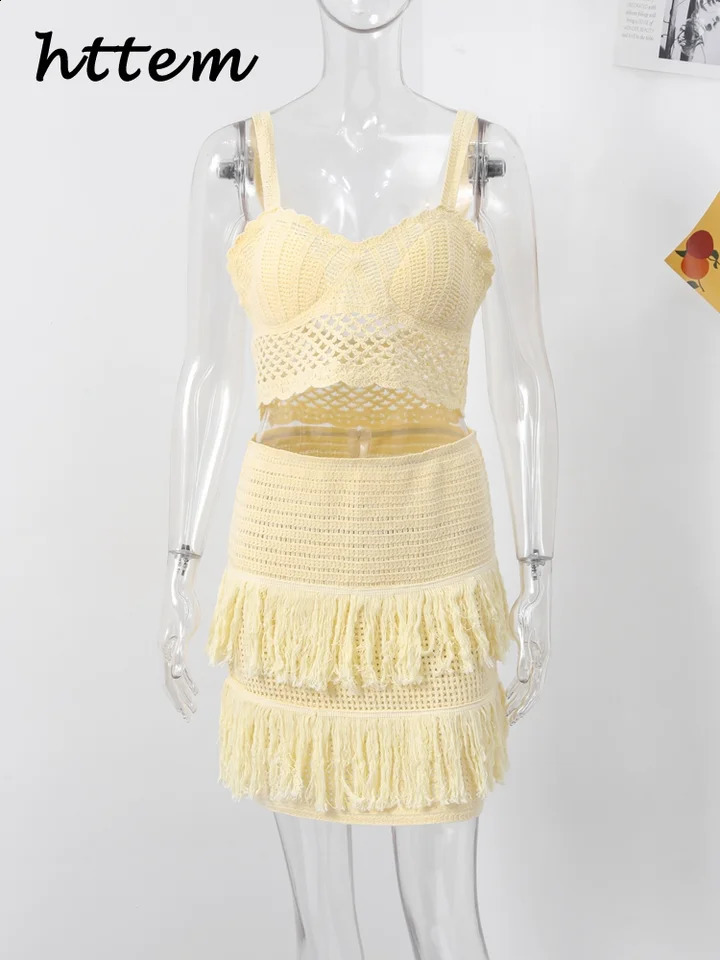 Sexy Knitted Tassels Top Mini Skirt Set Women Crop Bikini Vests Multi Layers Fringe Skirts 2025 Summer Lady Beach Party Outfits 250228