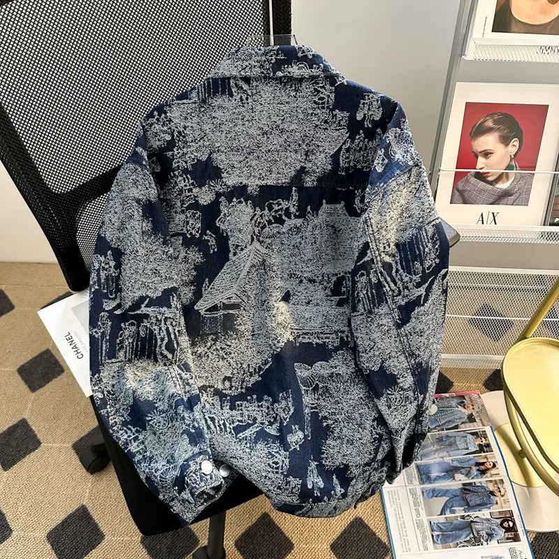 Mens Jacquard Loose Fit Casual Punk Fashion Autumn/Winter European Style Embroidered Denim Jacket 250228