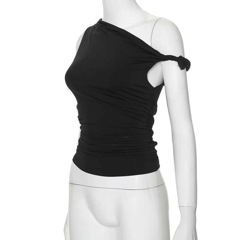 Basic Women's Simple Casual Summer Sleeveless Tank Top Solid Color Off-Shoulder Side Ruched Crop Vest Spring Fashion T-Shirt