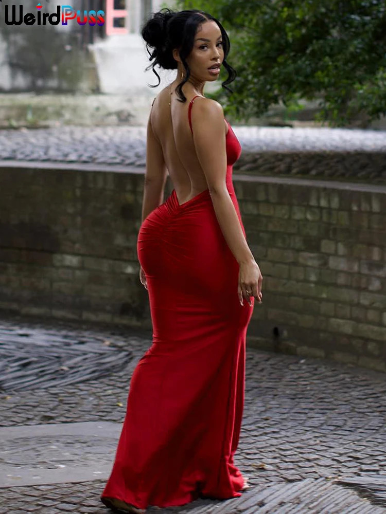 Weird Puss Sexy Backless Women Evening Maxi Dress Folds VNeck Sleeveless Coquette Elegant Mermaid Matching Banquet Prom Bodycon 250228