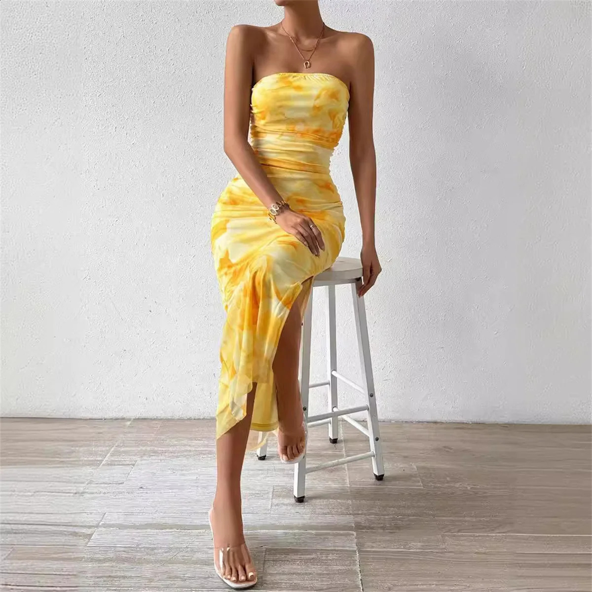Summer Sexy Sleeveless Strapless Midi Dres Fashion Print Bodycon Party Dresses Beach Sundress Female 250303Z