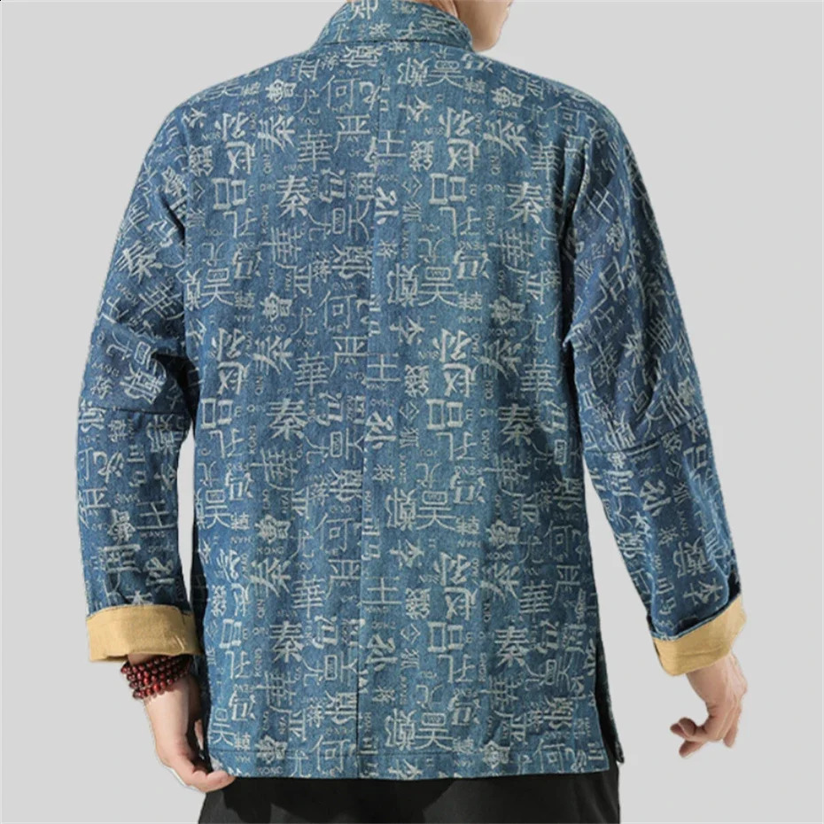 Print Denim Jackets Men Hundred Family Clan Disc Buckle Coat Hanfu Tang Suit Jacket Harajuku Retro Stand Jackets Male Autumn 5XL 250228