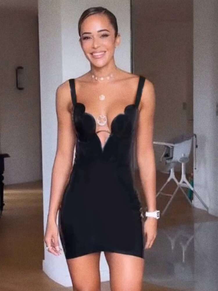 Sexy Sg Irregular Deep V Neck Mini Bandage Dress Women Sleeveless Black Wavy Design Bodycon Dresses Evening Tail Party