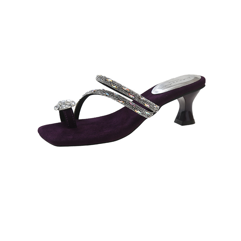 Free shipping designer slippers for womens Low heeled slippers sliver purple black New Summer Fashion Coarse Heel Water Diamond Cold Slippers