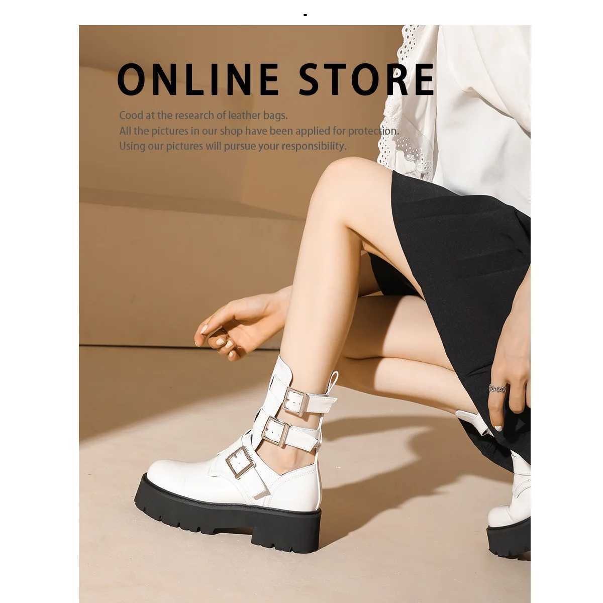 Womens Boots Summer Leather Hollow Med Heel Platform Shoes Modern Solid Black White Punk Gothic Sandals Luxury Designers Spring Z250303