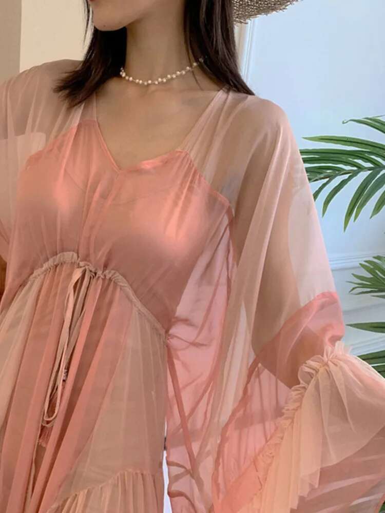 DEAT Woman Dress Pink Cake With Ed Mesh Flare Sleeve Drawstring Waist Elegant Fashion Beach Style 2024 New Summer 15Ht424