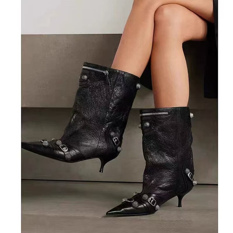 Women's Shoes With Pointed Toes, Slim High Heels, One Foot Pedaling, Straight Tube, Rivets, Needle Buckles, Plus Size, Medium Boots, Women's