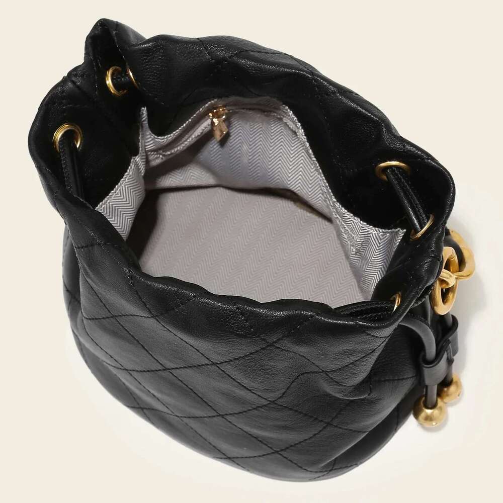 Genuine Leather Quilted Drawstring Bucket Bag Women With Chain Strap Crossbody Handbag For Commuting Christmas Gift