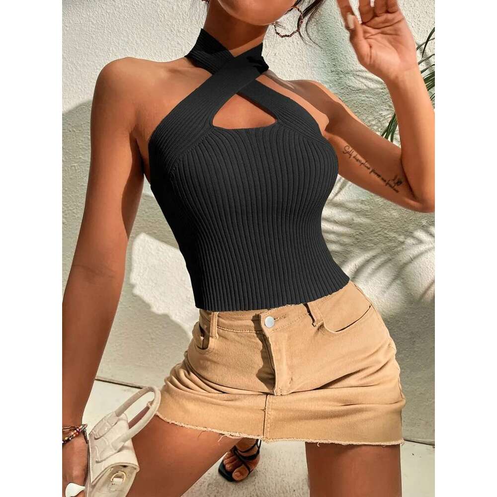 Fashion Summer Criss Cross Ribbed Knit Halter Crossfit Y2K Crop Top Clothes Femme Sexy Casual Backless Cropped Tank