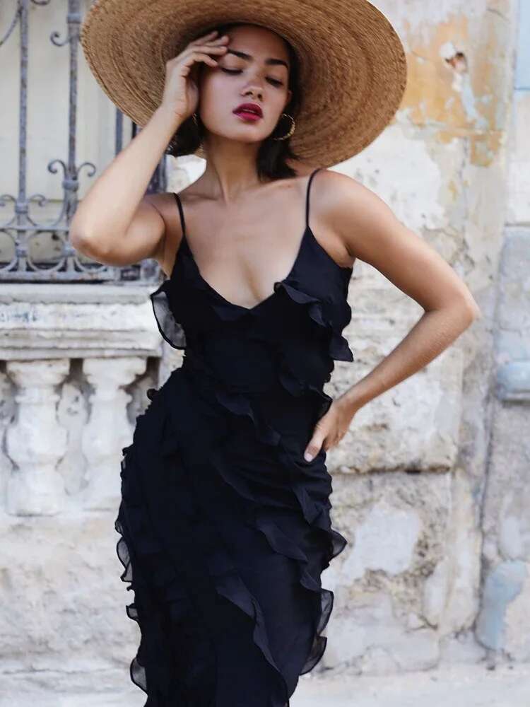 2024 Summer Fashion New Elegant Women's Sexy Chiffon Vacation Sg With Ruffle Edge Style Long Dress