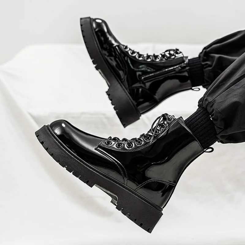 Classic Fashion Glitter Leather Black Boots for Men Comfortable Height-increasing Platform Boots Big Size 46 Lace-up Ankle Boots Z250303
