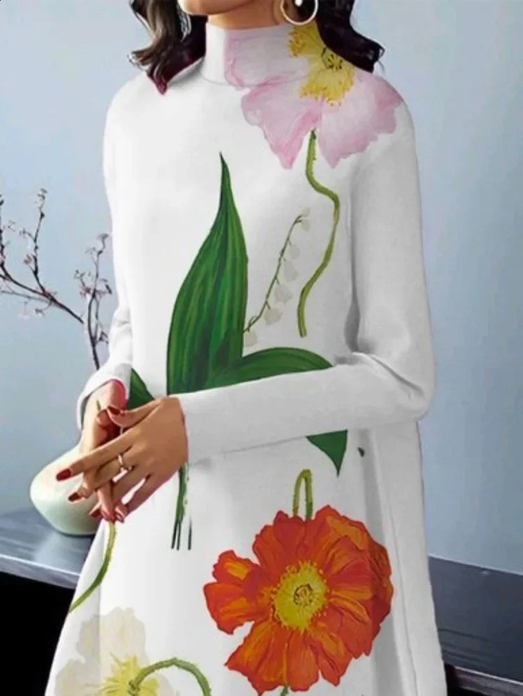 UOOZEE Women British Style High Neck Evening Midi Dresses Autumn Flower Printed Long Sleeves Elegant Aline Dress 250228