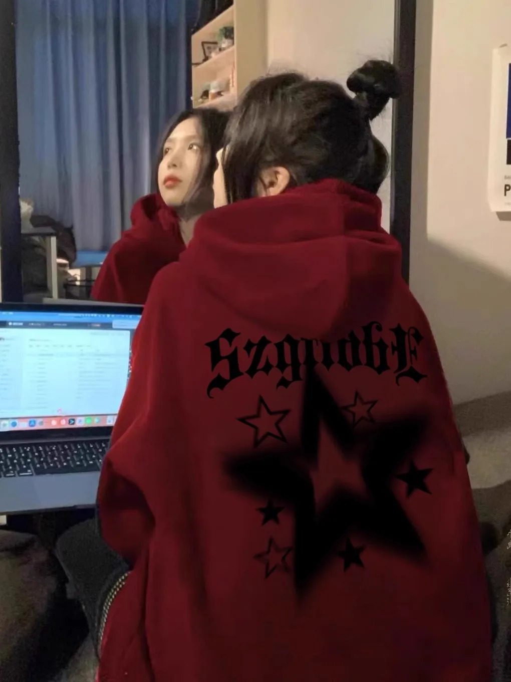 Burgundy Heavyweight Sweatshirt for Women Spring Fall Thin Hooded Loose Niche n LongSleeved 2024 Jacket Trend 250303Z