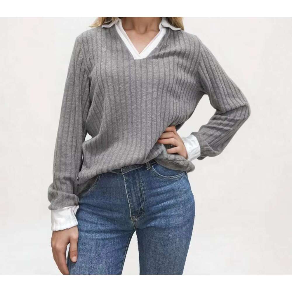 2024 Vintage European American Women's Top New V-Neck Contrast Winter Casual Sweatshirt