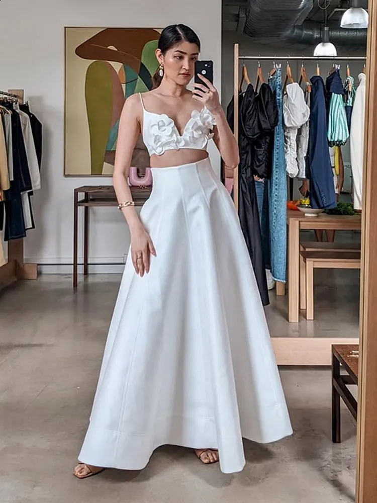 2025 Women Chic 3d Pink Flower Applique Cropped Tops Set Fashion High Waist Long Skirts 2 Piece Suit Sexy Vocation Beach Outfits 250228