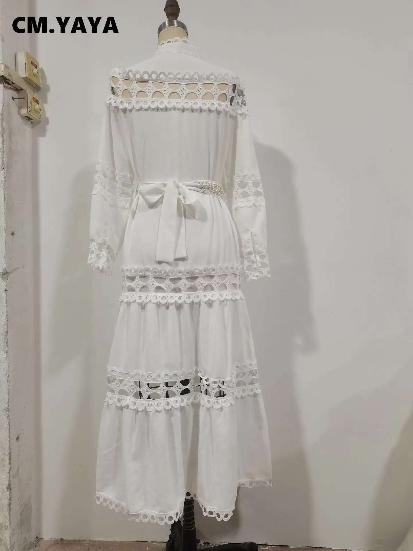 Cm.Yaya Women Lace Patchwork With Sashes Full Sleeve Maxi Long Dress Button Street Shirt Straight Spring Vintage Party Dresses