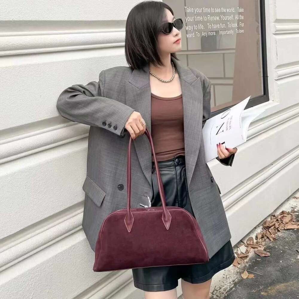 Women's Suede Cowhide Boston Popular Bowg Style Genuine Leather Ladies Handle Bag