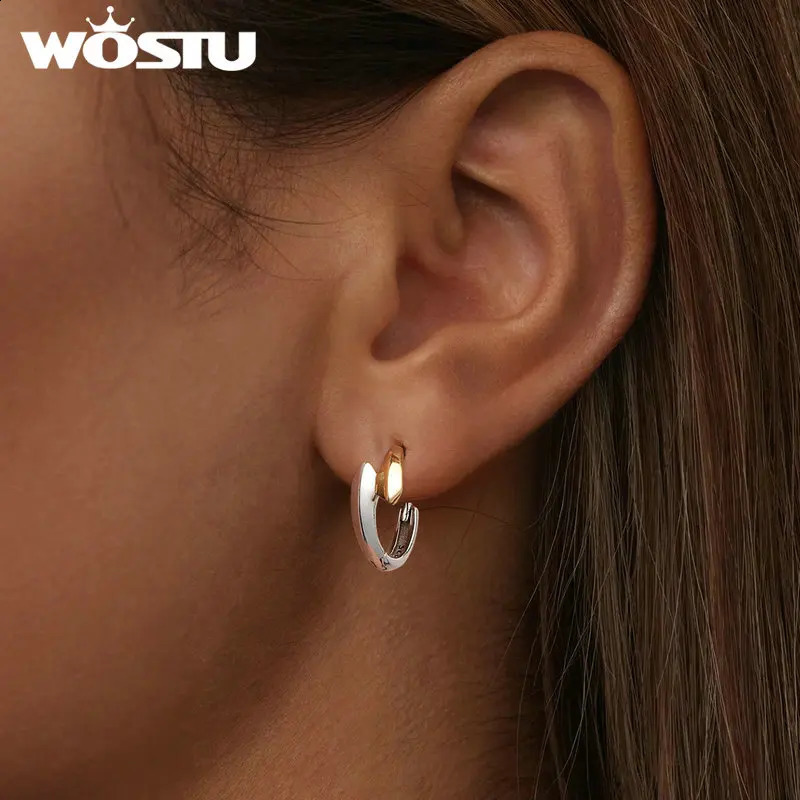 WOSTU 925 Sterling Silver Simple Two tone Hoop Earrings For Women Yellow Gold Geometry Ear Burckles Wedding Engagement Pendant 250228