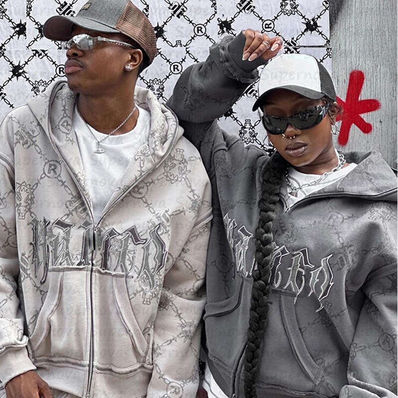 Trendy brand men's and women's street pattern embroidery hooded zipper loose sweatshirt sports jacket