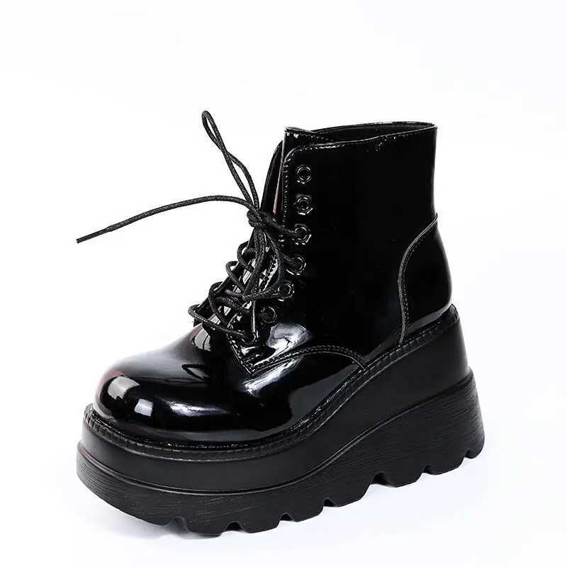 Womens boots high thick sole winter sloping heel lace ankle boots womens shoes glossy black glossy black Z250303
