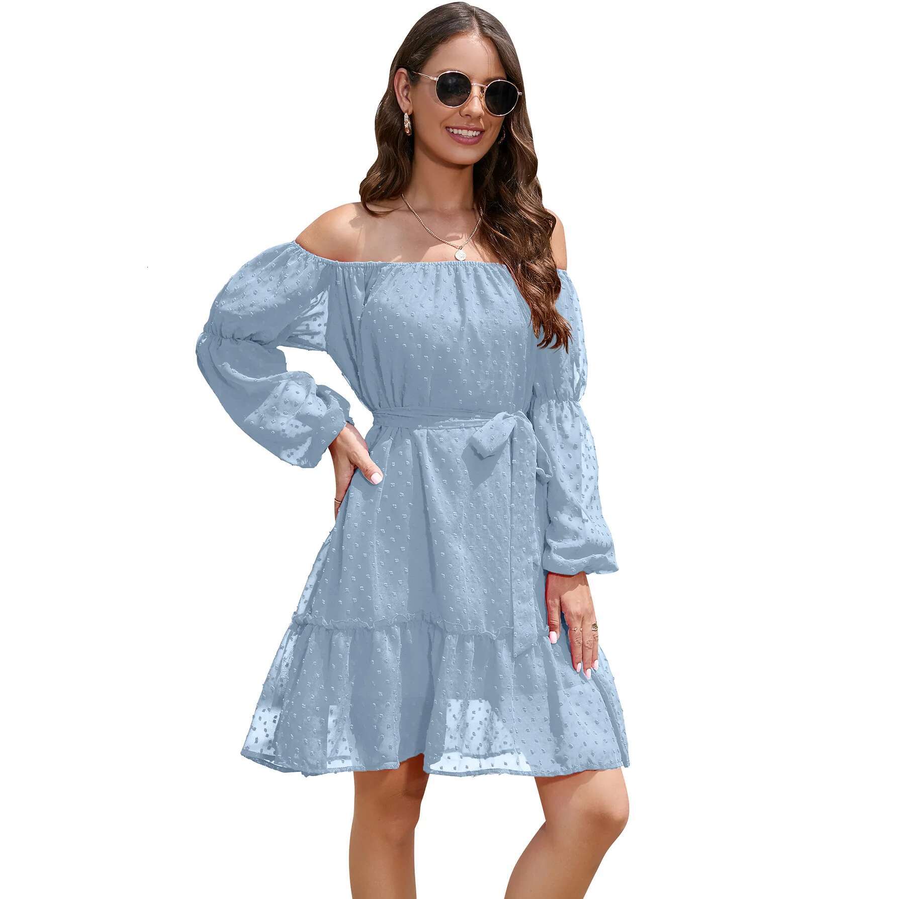 Women's Beach 2024 Spring Summer Women Elastic Collar Long Sleeved Chiffon Waistband Off Shoulder Ing Dress