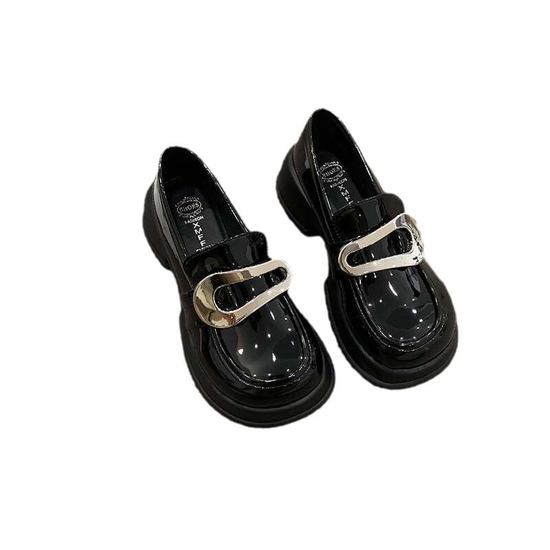Thick Soled Round Toe Small Leather For Women, 2024 Autumn New Style French Sweet And Cool Mary Jane Shoes, Black Metal Le Fu Shoes