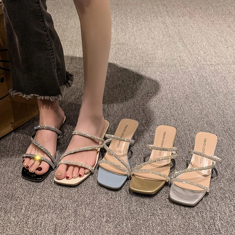 Diamond sandals womens shoes summer trend square toe crystal heel slider simple shiny skiing vacation 250228