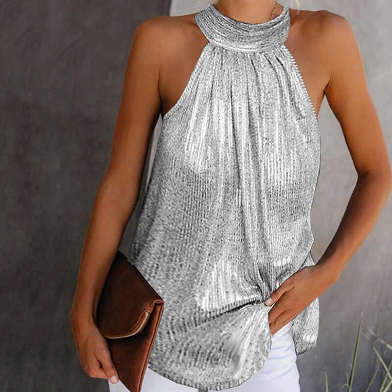 Shiny Womens Fashion Halter Neck Tank Tops Vest Ladies Summer Casual Solid Color Sleeveless T shirt Blouse Black Gold Sier