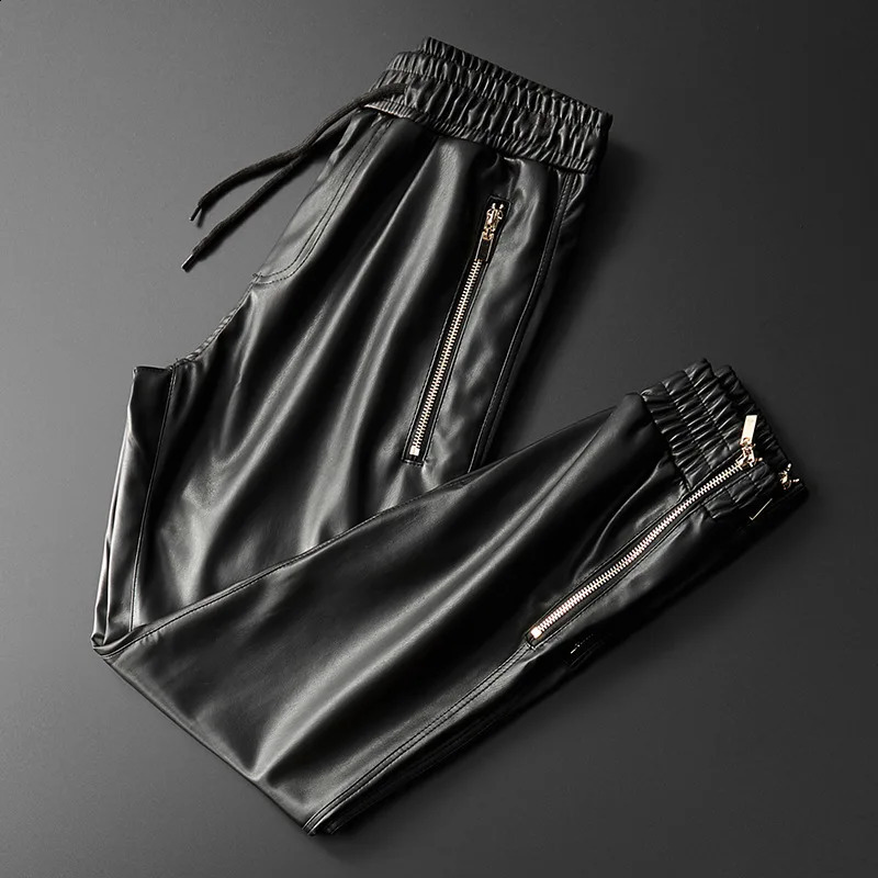 Mens Leather Pants Superior Quality Elastic Waist Jogger Pants PU Leather Motorcycle Trousers Bikers Pants 250228