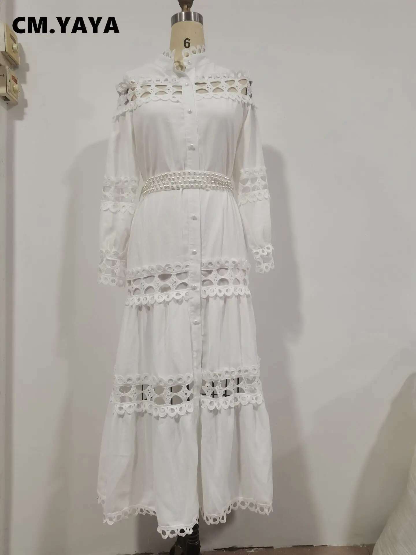 Cm.Yaya Women Lace Patchwork With Sashes Full Sleeve Maxi Long Dress Button Street Shirt Straight Spring Vintage Party Dresses