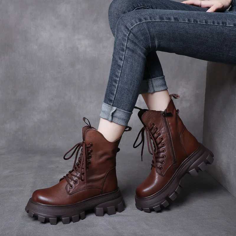 Drkanol handmade womens boots luxury 100% genuine cowhide leather wedge platform heel plush warm mid calf boots womens boots Z250303