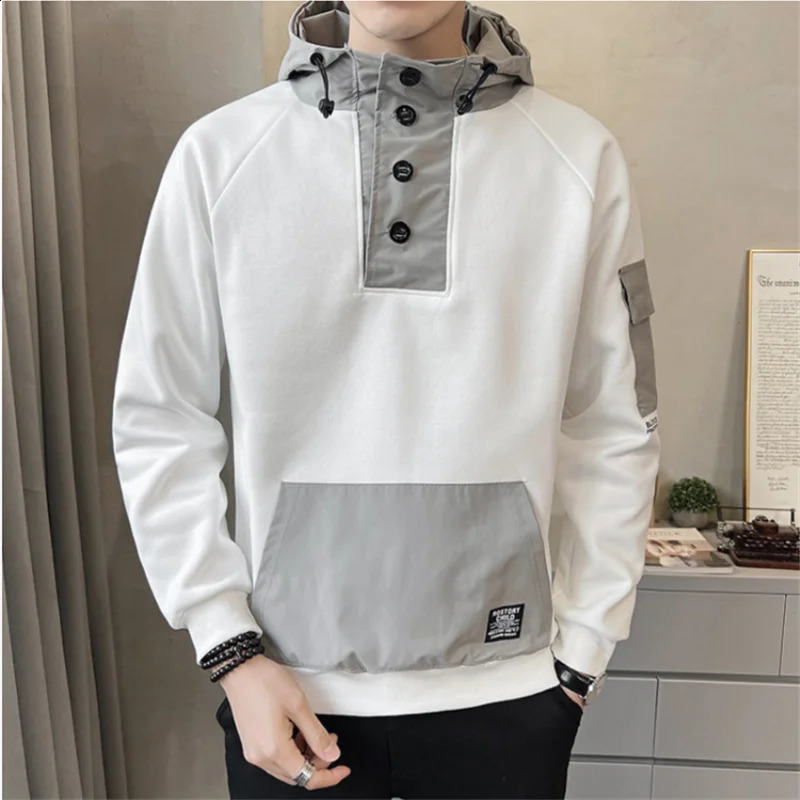 Spring er Techwear Button Hooded Tracksuit Y2K Men Cotton Cargo Hoodie Fashion Mens Patch Stitch Pocket White Hoodies 250226
