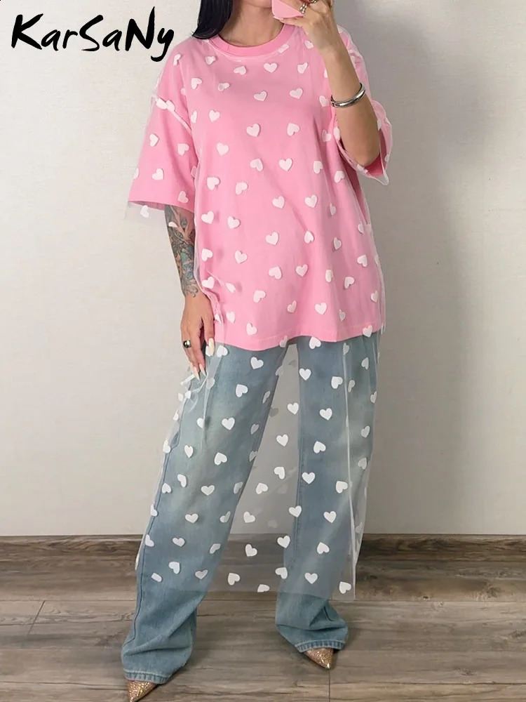 Long Mesh T Shirt Dress For Women Short Sleeve Heart Tulle Two Piece Dresses WOmens White Loose Maxi With Red 250228