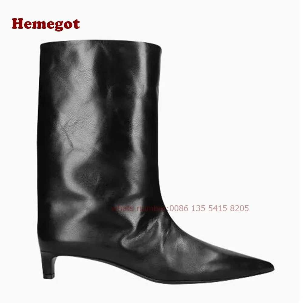Pointed Toe Slip On Womens Boots Silver Metallic Kitten Heels Mid-Calf Boots Winter Newest Brand Luxury Runway Shoes Solid 43 Z250303