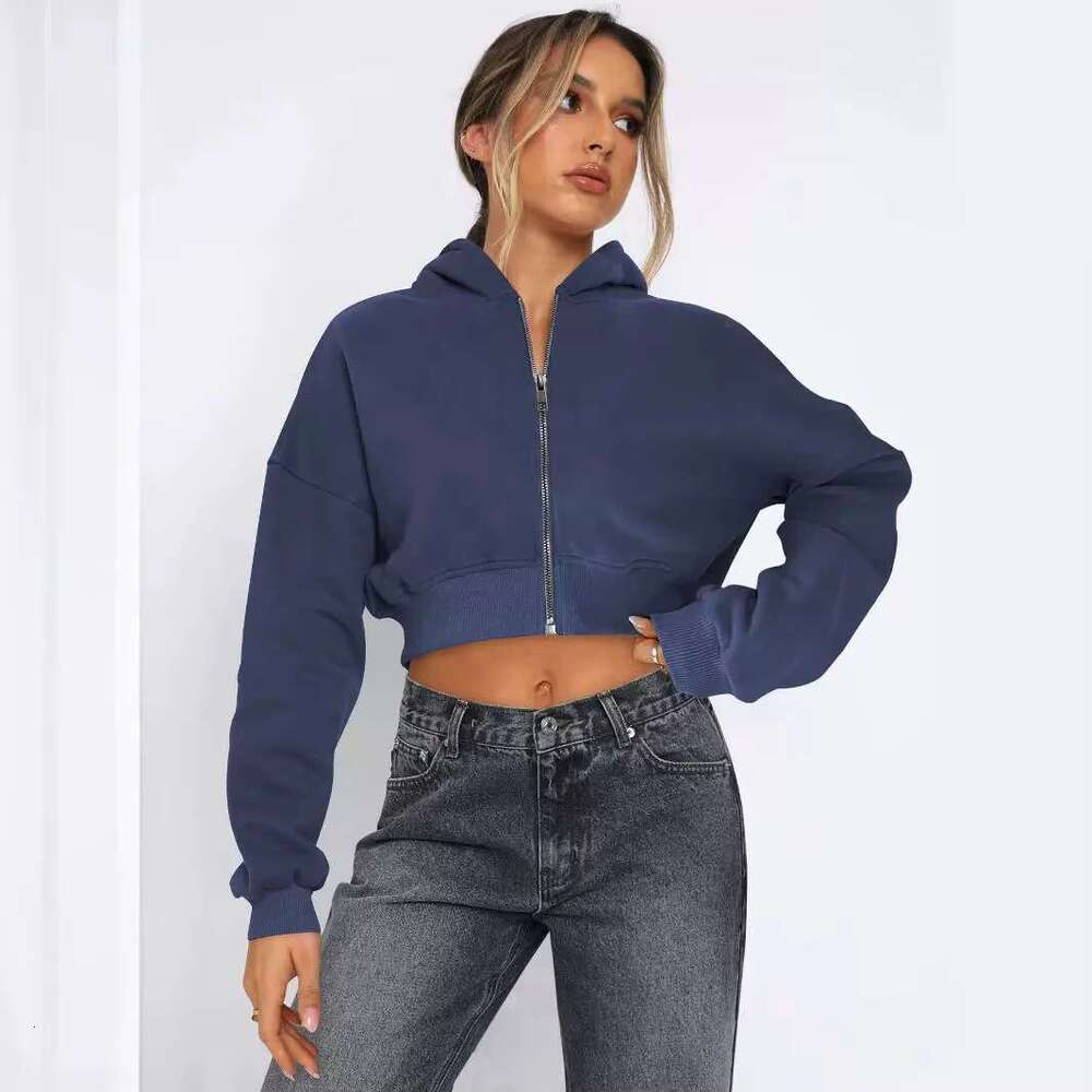 Custom Oversized Cotton Cropped Women Heavyweight Hooded Streetwear Embroidery Sport Style Full Zip Soild Womens Hoodie