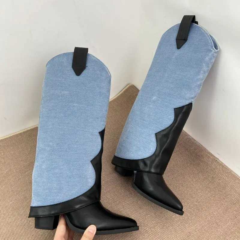 FHC 2024 New Women Knee High Pants BootsWinter ShoesWestern Cowboy BootsPointed ToeBlackBlueStockDropship Z250303