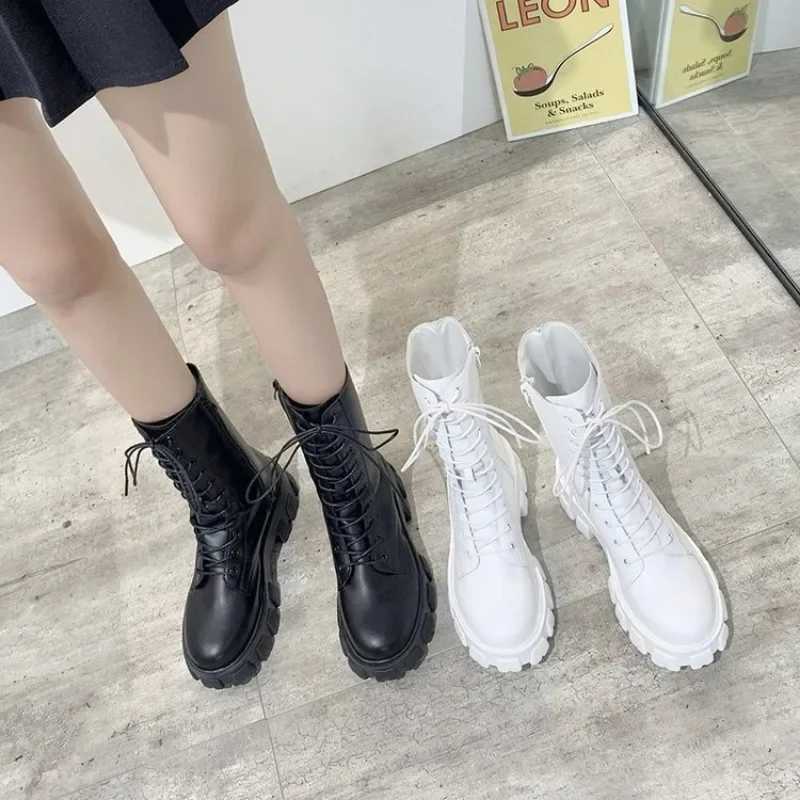 2024 thick winter knight boots womens square heel ankle boots thick motorcycle boots black and white Botas drone comfort Z250303